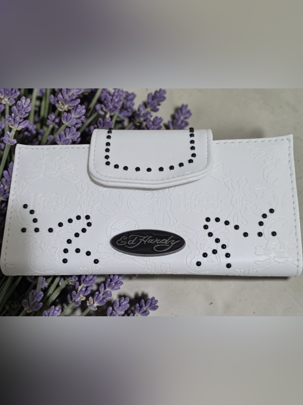 Ed Hardy White Wallet with Black Stud Accents